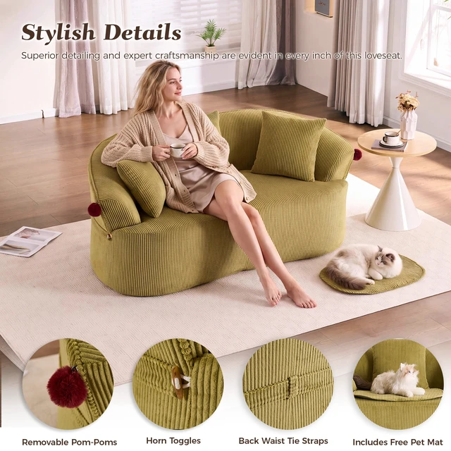 Alt view image 5 of 7 - 68.9'' Curved boneless Loveseat Sofa for Living Room, Vintage Couch Corduroy Sofa for Small Spaces, Apartment, Free Pet Mat, No Assembly, 3 Pillows, Mustard Green