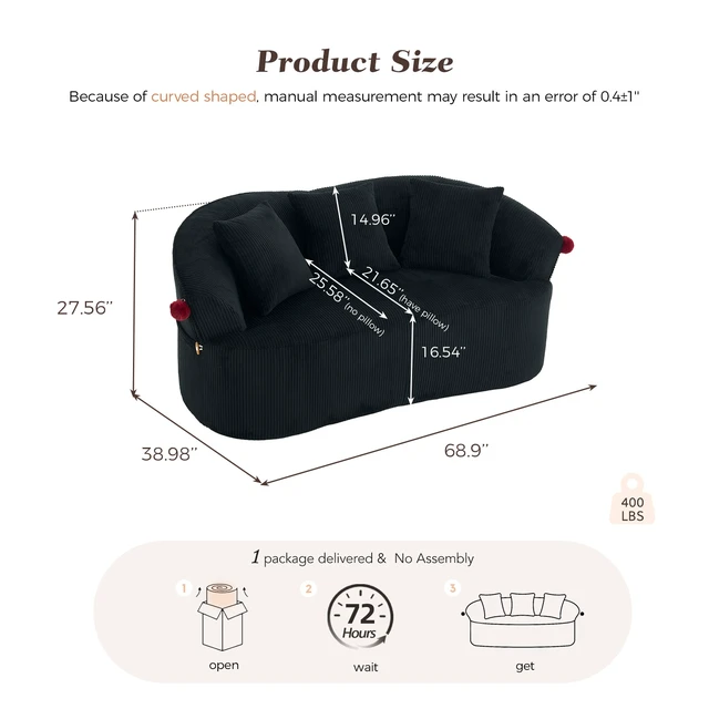 Alt view image 2 of 7 - 68.9'' Curved boneless Loveseat Sofa for Living Room, Vintage Couch Corduroy Sofa for Small Spaces, Apartment, Free Pet Mat, No Assembly, 3 Pillows, Black