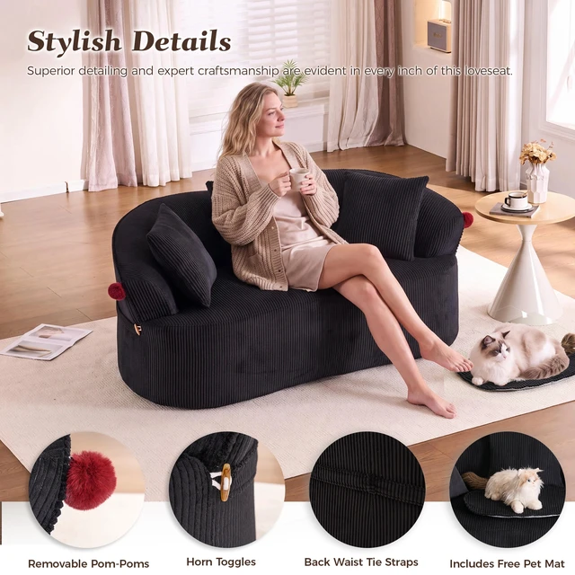 Alt view image 5 of 7 - 68.9'' Curved boneless Loveseat Sofa for Living Room, Vintage Couch Corduroy Sofa for Small Spaces, Apartment, Free Pet Mat, No Assembly, 3 Pillows, Black