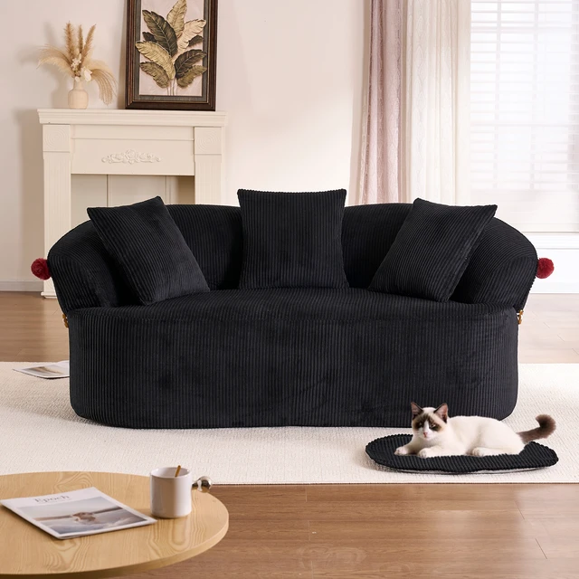 Alt view image 3 of 7 - 68.9'' Curved boneless Loveseat Sofa for Living Room, Vintage Couch Corduroy Sofa for Small Spaces, Apartment, Free Pet Mat, No Assembly, 3 Pillows, Black