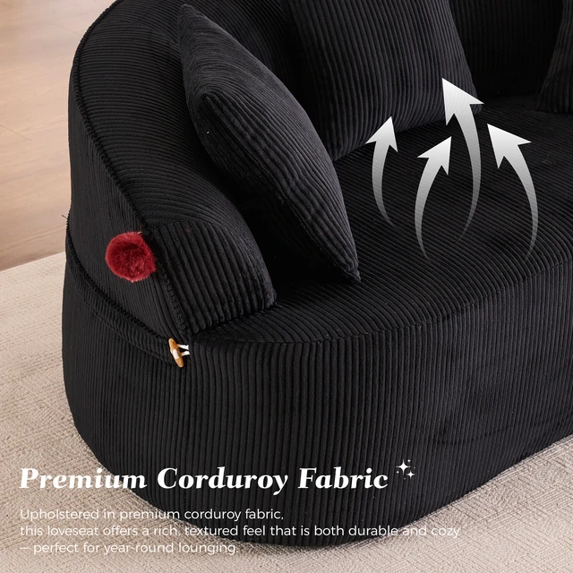 Alt view image 4 of 7 - 68.9'' Curved boneless Loveseat Sofa for Living Room, Vintage Couch Corduroy Sofa for Small Spaces, Apartment, Free Pet Mat, No Assembly, 3 Pillows, Black