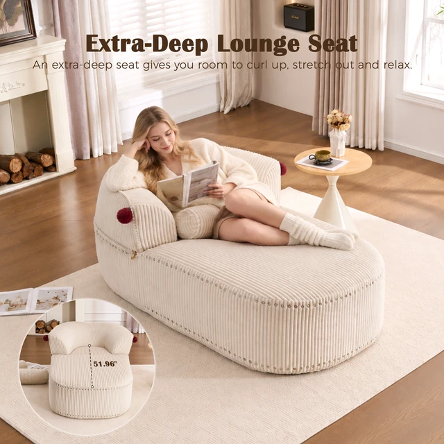 Alt view image 4 of 7 - Chaise Lounge Chair with 2 Neck Pillows, Curved Upholstered Accent Chair, Wide-Wale Corduroy Comfy Reading Chair, No Assembly Required, Modern Lounge Seating for Living Room, Bedroom & Apartment