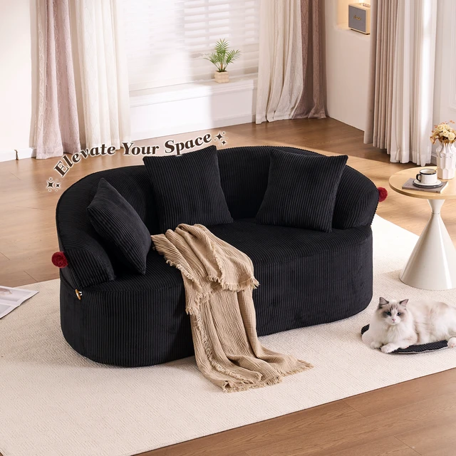 Alt view image 7 of 7 - 68.9'' Curved boneless Loveseat Sofa for Living Room, Vintage Couch Corduroy Sofa for Small Spaces, Apartment, Free Pet Mat, No Assembly, 3 Pillows, Black