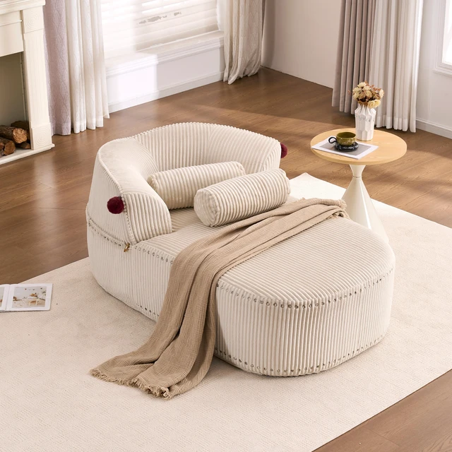 Main image of Chaise Lounge Chair with 2 Neck Pillows, Curved Upholstered Accent Chair, Wide-Wale Corduroy Comfy Reading Chair, No Assembly Required, Modern Lounge Seating for Living Room, Bedroom & Apartment