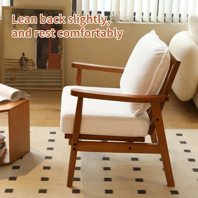 Alt view image 2 of 7 - Cute Accent Chair with Solid Wood Frame, Living Room Chair with Soft Fabric Cushion, Cozy Bedroom Chair, Comfy Armchair Reading Chair for Apartment, Waiting Room, Balcony (White)