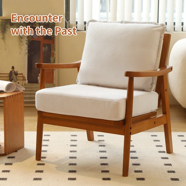 Alt view image 3 of 7 - Cute Accent Chair with Solid Wood Frame, Living Room Chair with Soft Fabric Cushion, Cozy Bedroom Chair, Comfy Armchair Reading Chair for Apartment, Waiting Room, Balcony (White)