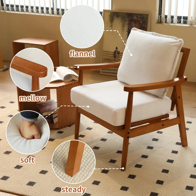 Alt view image 4 of 7 - Cute Accent Chair with Solid Wood Frame, Living Room Chair with Soft Fabric Cushion, Cozy Bedroom Chair, Comfy Armchair Reading Chair for Apartment, Waiting Room, Balcony (White)