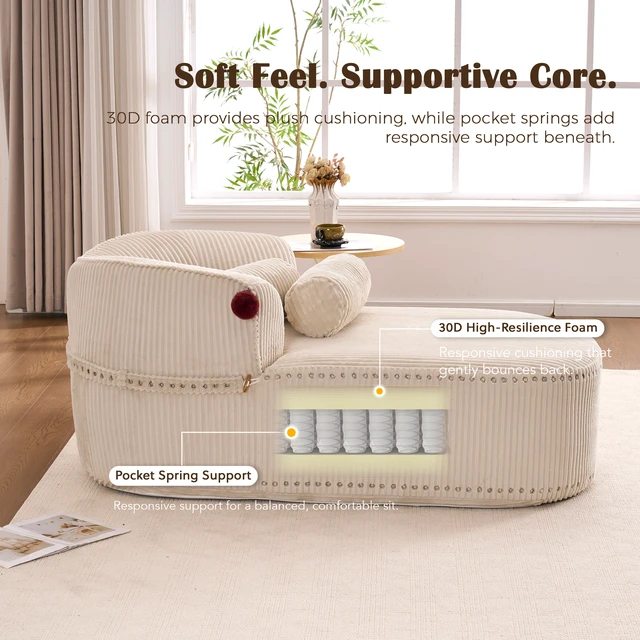 Alt view image 6 of 7 - Chaise Lounge Chair with 2 Neck Pillows, Curved Upholstered Accent Chair, Wide-Wale Corduroy Comfy Reading Chair, No Assembly Required, Modern Lounge Seating for Living Room, Bedroom & Apartment