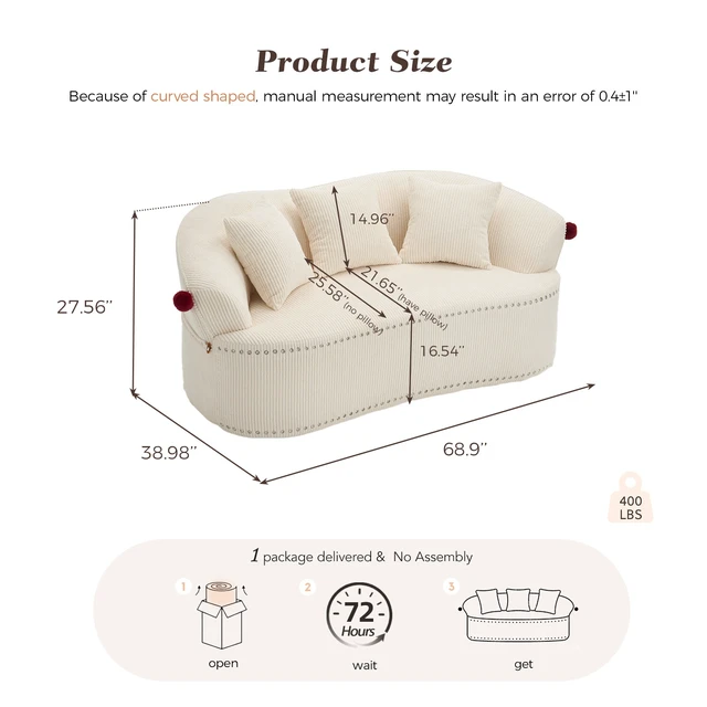 Alt view image 2 of 7 - 68.9'' Curved boneless Loveseat Sofa for Living Room, Vintage Couch Corduroy Sofa for Small Spaces, Apartment, Chesterfield Sofa, Free Pet Mat, No Assembly, 3 Pillows, Off-White.