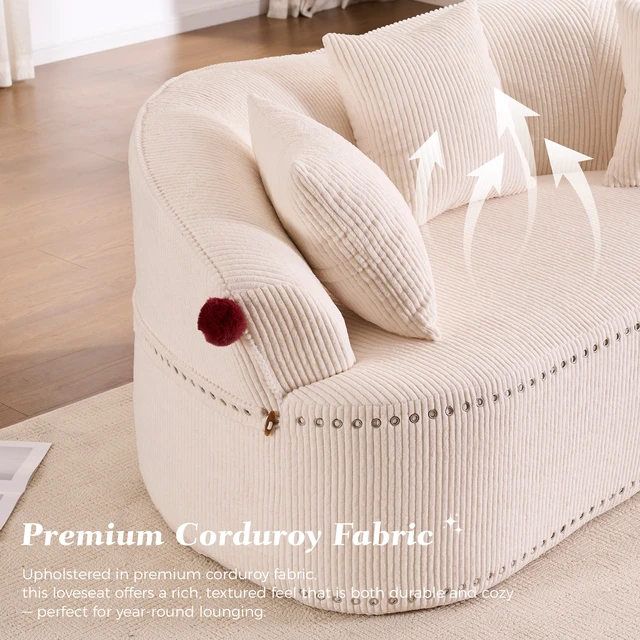 Alt view image 4 of 7 - 68.9'' Curved boneless Loveseat Sofa for Living Room, Vintage Couch Corduroy Sofa for Small Spaces, Apartment, Chesterfield Sofa, Free Pet Mat, No Assembly, 3 Pillows, Off-White.