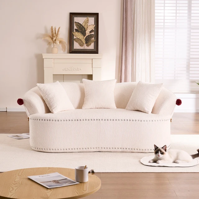 Alt view image 3 of 7 - 68.9'' Curved boneless Loveseat Sofa for Living Room, Vintage Couch Corduroy Sofa for Small Spaces, Apartment, Chesterfield Sofa, Free Pet Mat, No Assembly, 3 Pillows, Off-White.