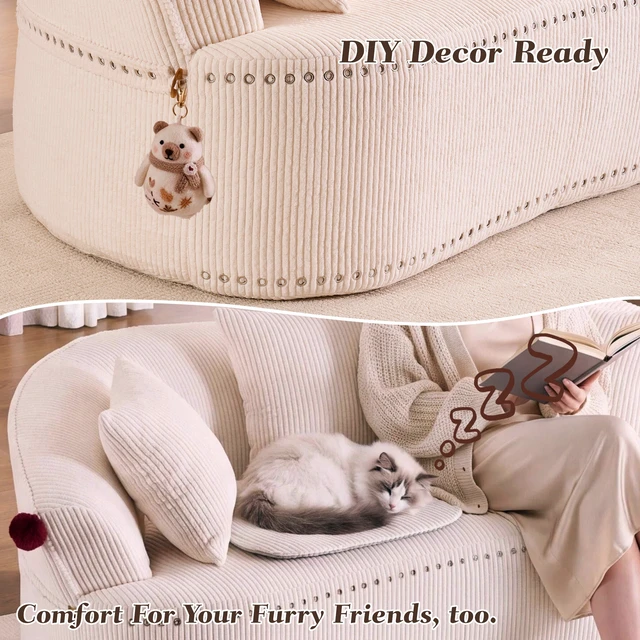Alt view image 6 of 7 - 68.9'' Curved boneless Loveseat Sofa for Living Room, Vintage Couch Corduroy Sofa for Small Spaces, Apartment, Chesterfield Sofa, Free Pet Mat, No Assembly, 3 Pillows, Off-White.