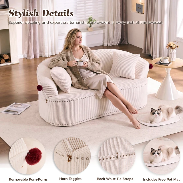Alt view image 5 of 7 - 68.9'' Curved boneless Loveseat Sofa for Living Room, Vintage Couch Corduroy Sofa for Small Spaces, Apartment, Chesterfield Sofa, Free Pet Mat, No Assembly, 3 Pillows, Off-White.