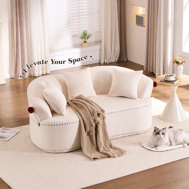 Alt view image 7 of 7 - 68.9'' Curved boneless Loveseat Sofa for Living Room, Vintage Couch Corduroy Sofa for Small Spaces, Apartment, Chesterfield Sofa, Free Pet Mat, No Assembly, 3 Pillows, Off-White.