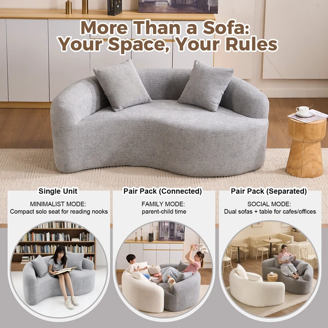 Alt view image 4 of 7 - LY-042 S-Curved Dual-Depth(21.3"/26.8") Loveseat, Full Compression Sponge Sofa Light Grey, Chenille Modular for Small Apartments,400 lbs 66.9"L