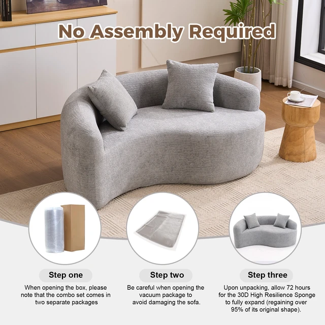 Alt view image 5 of 7 - LY-042 S-Curved Dual-Depth(21.3"/26.8") Loveseat, Full Compression Sponge Sofa Light Grey, Chenille Modular for Small Apartments,400 lbs 66.9"L