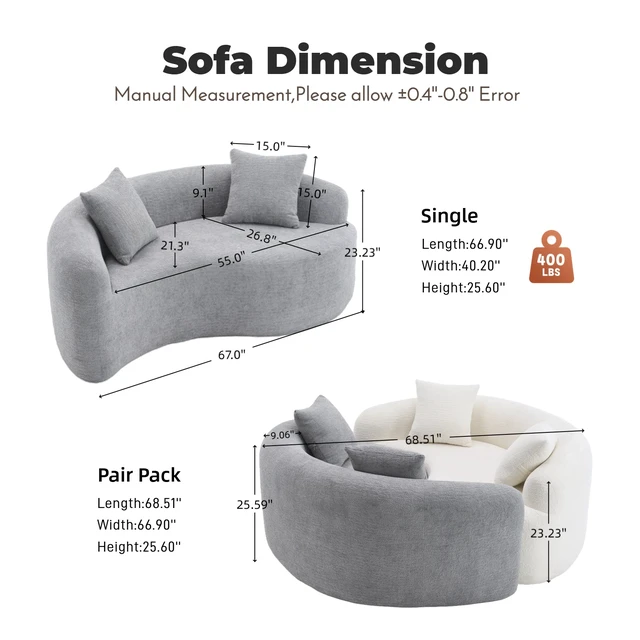 Alt view image 2 of 7 - LY-042 S-Curved Dual-Depth(21.3"/26.8") Loveseat, Full Compression Sponge Sofa Light Grey, Chenille Modular for Small Apartments,400 lbs 66.9"L