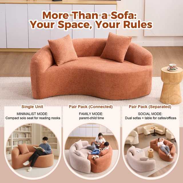 Alt view image 5 of 6 - LY-042 S-Curved Chenille Sectional Sofa: Dual-Depth (21.3" & 26.8"), Coral Pink, No Assembly, Compact for Small Spaces, 400 lbs, 66.9" L