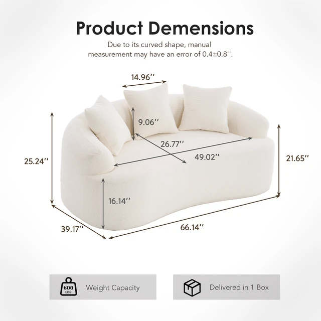 Alt view image 2 of 7 - Old Sku: W2231P261287 LY-025S Curved Loveseat White Full Compression Sponge Sofa, 30D Chenille No-Assembly Compact Sofa for Small Spaces & Apartments, 65"L, 300 lbs, 3 Pillows