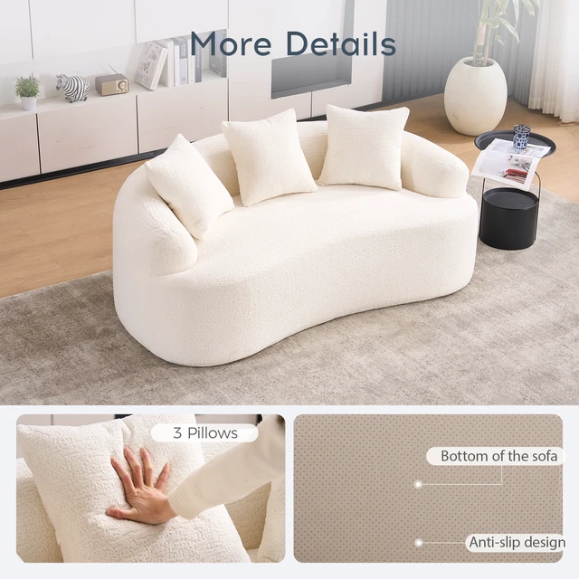 Alt view image 5 of 7 - Old Sku: W2231P261287 LY-025S Curved Loveseat White Full Compression Sponge Sofa, 30D Chenille No-Assembly Compact Sofa for Small Spaces & Apartments, 65"L, 300 lbs, 3 Pillows