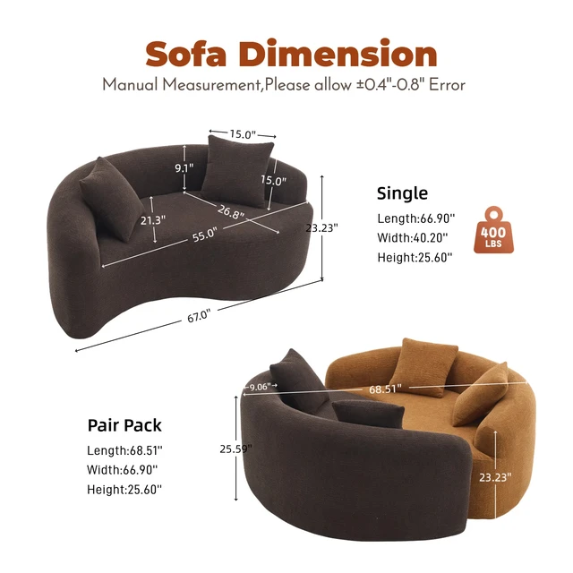 Alt view image 2 of 6 - Old Sku: W2231P329732 Full Compression Sponge Loveseat, S-Curved Dual-Depth Sofa, Brown Chenille Modular for Small Spaces & Meditation, 400 lbs 66.9"L