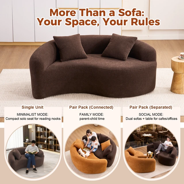 Alt view image 4 of 6 - Old Sku: W2231P329732 Full Compression Sponge Loveseat, S-Curved Dual-Depth Sofa, Brown Chenille Modular for Small Spaces & Meditation, 400 lbs 66.9"L