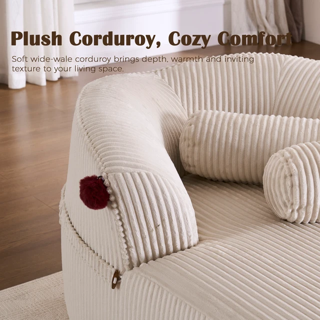 Alt view image 3 of 7 - Chaise Lounge Chair with 2 Neck Pillows, Curved Upholstered Accent Chair, Wide-Wale Corduroy Comfy Reading Chair, No Assembly Required, Modern Lounge Seating for Living Room, Bedroom & Apartment