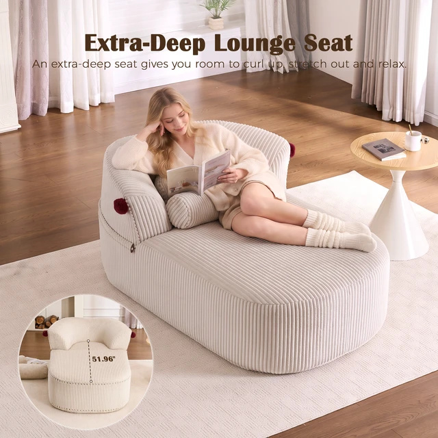 Alt view image 4 of 7 - Chaise Lounge Chair with 2 Neck Pillows, Curved Upholstered Accent Chair, Wide-Wale Corduroy Comfy Reading Chair, No Assembly Required, Modern Lounge Seating for Living Room, Bedroom & Apartment
