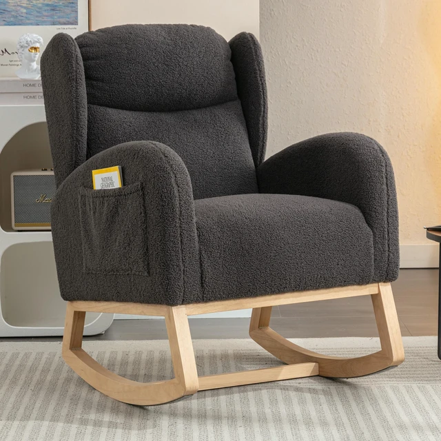 Main image of 049-Teddy Fabric Rocking Chair With Packet Wood Legs,Dark Gray