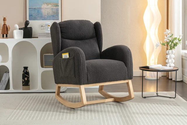 Alt view image 2 of 7 - 049-Teddy Fabric Rocking Chair With Packet Wood Legs,Dark Gray