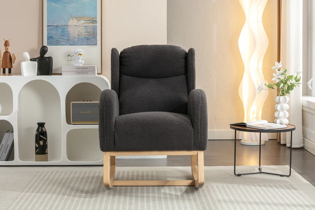 Alt view image 3 of 7 - 049-Teddy Fabric Rocking Chair With Packet Wood Legs,Dark Gray