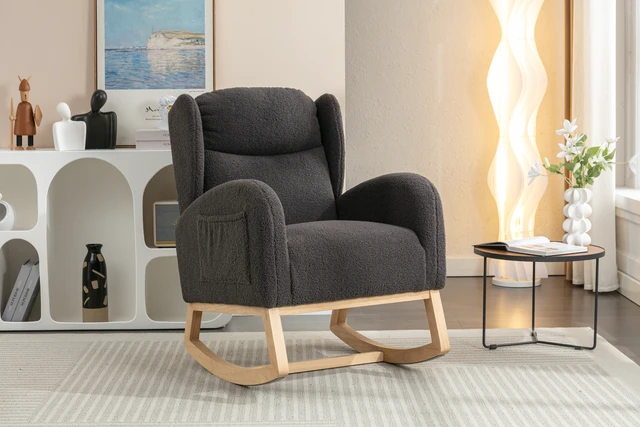 Alt view image 4 of 7 - 049-Teddy Fabric Rocking Chair With Packet Wood Legs,Dark Gray