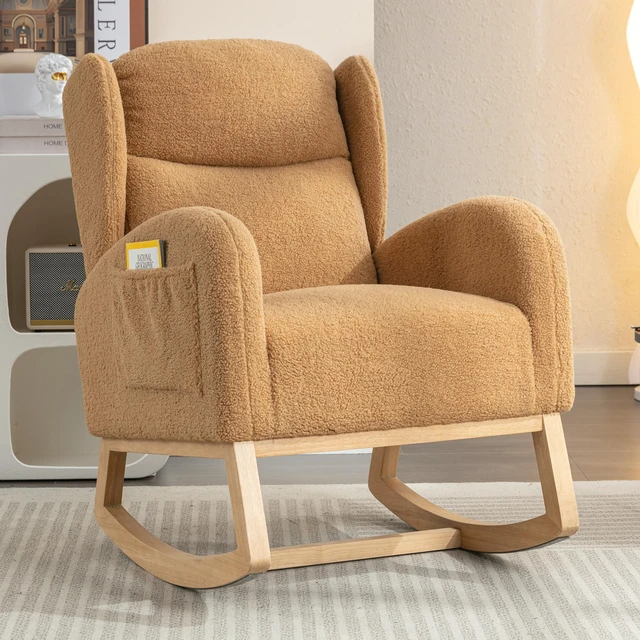 Main image of 049-Teddy Fabric Rocking Chair With Packet Wood Legs,Khaki