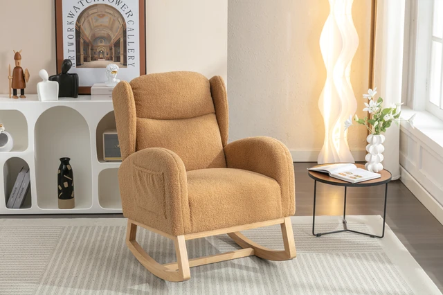 Alt view image 2 of 7 - 049-Teddy Fabric Rocking Chair With Packet Wood Legs,Khaki