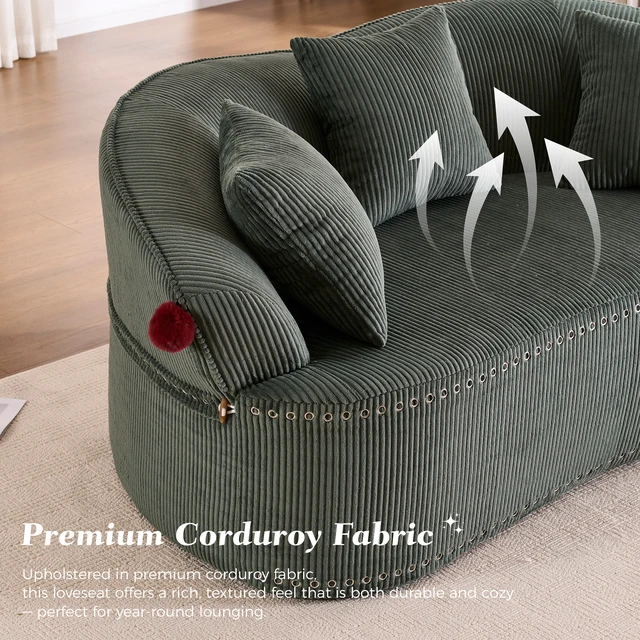 Alt view image 4 of 7 - 68.9'' Curved boneless Loveseat Sofa for Living Room, Vintage Couch Corduroy Sofa for Small Spaces, Apartment, Chesterfield Sofa, Free Pet Mat, No Assembly, 3 Pillows,Misty Green