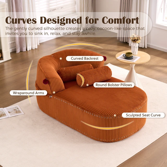 Alt view image 2 of 7 - Chaise Lounge Chair with 2 Neck Pillows, Curved Upholstered Accent Chair, Wide-Wale Corduroy Comfy Reading Chair, No Assembly Required, Modern Lounge Seating for Living Room, Bedroom & Apartment
