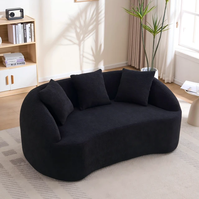 Main image of LY-049S Curved Modern Boneless Sofa Loveseat, Backrest Upgrade, 2-Seater Black Chenille Compression Couch with 3 Pillows, Minimalist Modular Couches for Living Room, Office, Apartment, Guest Room