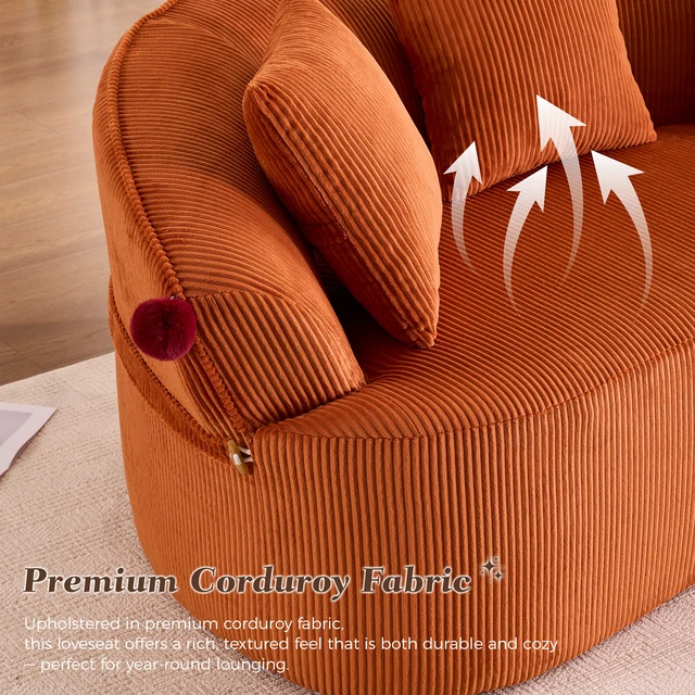 Alt view image 4 of 7 - 68.9'' Curved boneless Loveseat Sofa for Living Room, Vintage Couch Corduroy Sofa for Small Spaces, Apartment, Free Pet Mat, No Assembly, 3 Pillows, Orange.