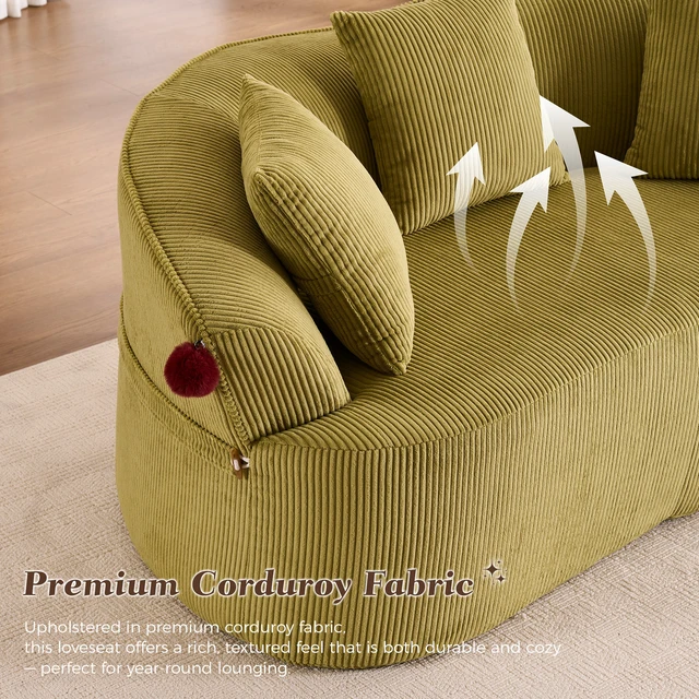 Alt view image 4 of 7 - 68.9'' Curved boneless Loveseat Sofa for Living Room, Vintage Couch Corduroy Sofa for Small Spaces, Apartment, Free Pet Mat, No Assembly, 3 Pillows, Mustard Green