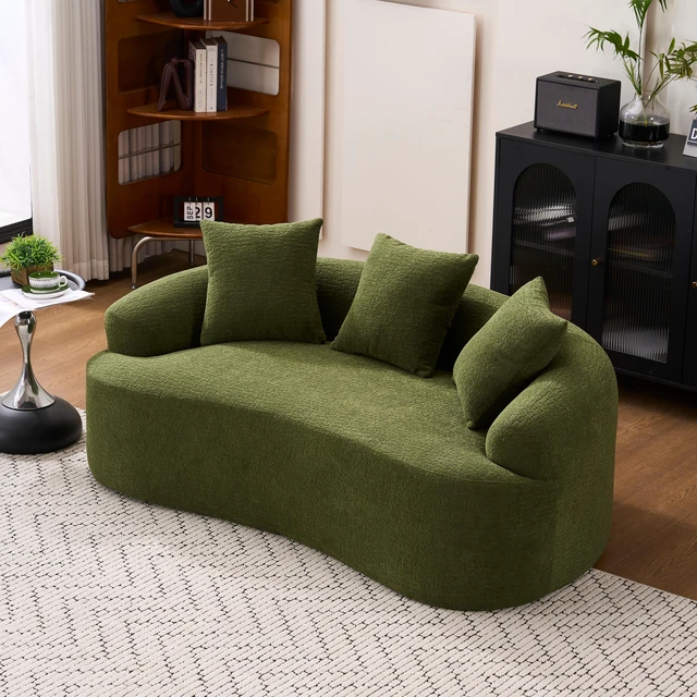 Main image of (Old Sku:W2231P292604) Compression Loveseat Sofa, Curved Modern Styles Sofa for Small Spaces & Apartments, 30D Chenille No-Assembly,3 Throw Pillows. Green.