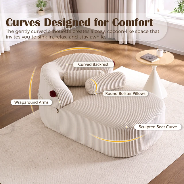 Alt view image 2 of 7 - Chaise Lounge Chair with 2 Neck Pillows, Curved Upholstered Accent Chair, Wide-Wale Corduroy Comfy Reading Chair, No Assembly Required, Modern Lounge Seating for Living Room, Bedroom & Apartment