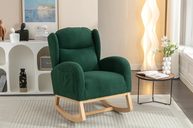 Alt view image 4 of 7 - 049-Teddy Fabric Rocking Chair With Packet Wood Legs,Green