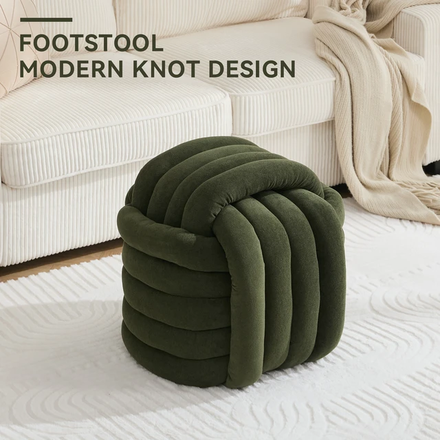Alt view image 2 of 7 - 060-Chenille Fabric Modern Knot Design Ottoman Makeup Stool Footstool, Comfortable and Stylish Seat for Living Room, Bedroom,Green