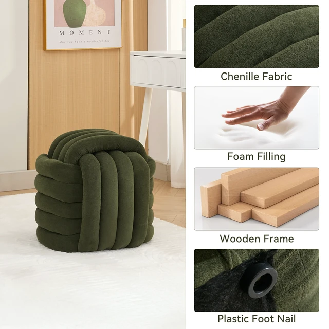 Alt view image 3 of 7 - 060-Chenille Fabric Modern Knot Design Ottoman Makeup Stool Footstool, Comfortable and Stylish Seat for Living Room, Bedroom,Green