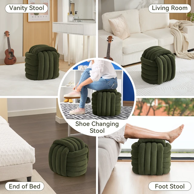 Alt view image 4 of 7 - 060-Chenille Fabric Modern Knot Design Ottoman Makeup Stool Footstool, Comfortable and Stylish Seat for Living Room, Bedroom,Green