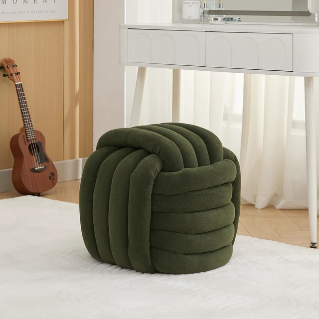 Main image of 060-Chenille Fabric Modern Knot Design Ottoman Makeup Stool Footstool, Comfortable and Stylish Seat for Living Room, Bedroom,Green