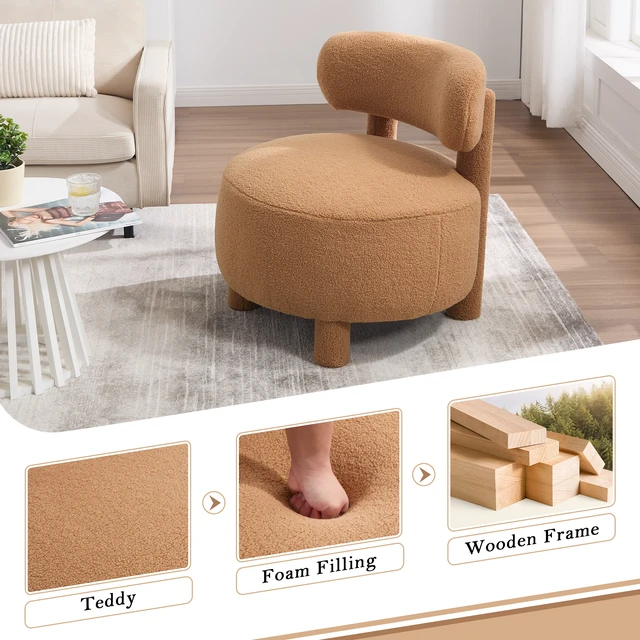 Alt view image 3 of 7 - 063-Teddy Fabric armless accent chair with curved backrest and solid wooden legs upholstered chair slipper side chair for primary living space bedroom vanity room or reading room ,Khaki