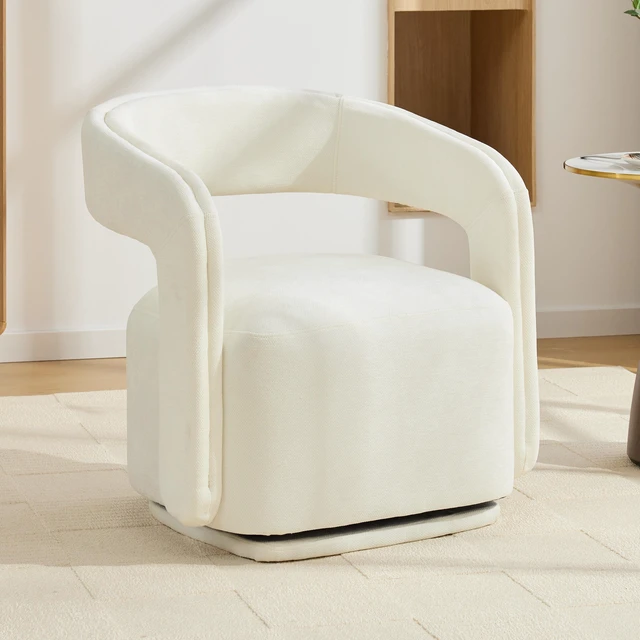 Main image of 065-Chenille Fabric Swivel Accent Armchair, Comfy Barrel Leisure Chair With Curved Backrest, Upholstered Reading Chair With Black Swivel Base, 22-inch large seat depth and width, White