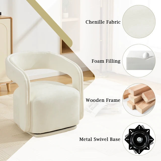 Alt view image 3 of 7 - 065-Chenille Fabric Swivel Accent Armchair, Comfy Barrel Leisure Chair With Curved Backrest, Upholstered Reading Chair With Black Swivel Base, 22-inch large seat depth and width, White