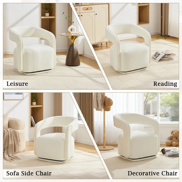 Alt view image 6 of 7 - 065-Chenille Fabric Swivel Accent Armchair, Comfy Barrel Leisure Chair With Curved Backrest, Upholstered Reading Chair With Black Swivel Base, 22-inch large seat depth and width, White